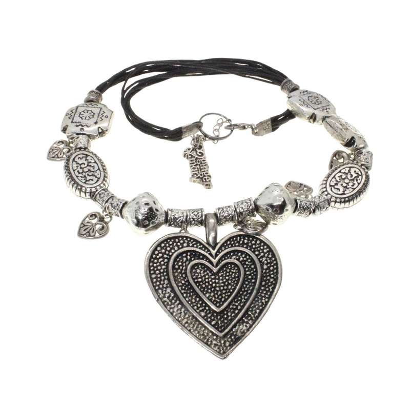 Necklace - Vintage Silver Tone. 7 Strand Black Thong. Silver Tone Beads. Large Heart Pendant - ML...