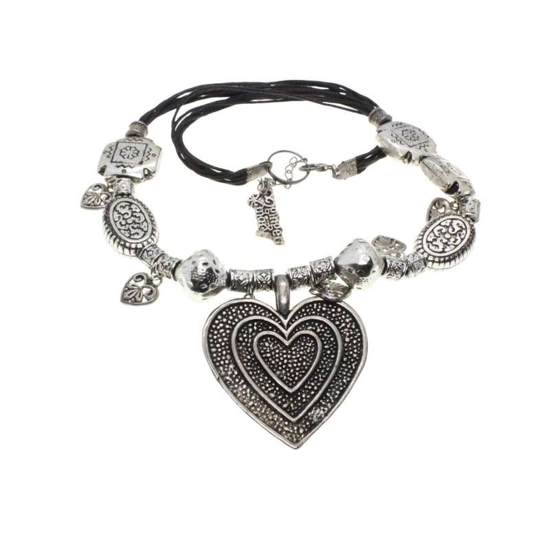 Necklace - Vintage Silver Tone. 7 Strand Black Thong. Silver Tone Beads. Large Heart Pendant - ML...