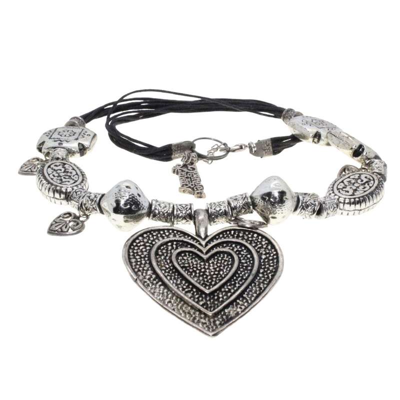 Necklace - Vintage Silver Tone. 7 Strand Black Thong. Silver Tone Beads. Large Heart Pendant - ML...