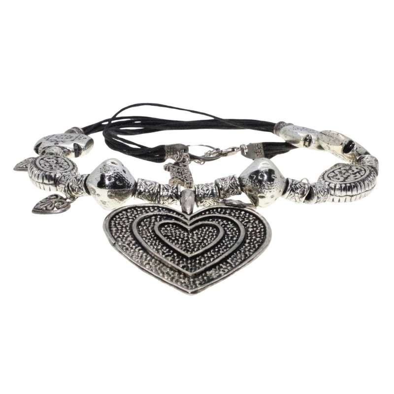 Necklace - Vintage Silver Tone. 7 Strand Black Thong. Silver Tone Beads. Large Heart Pendant - ML...