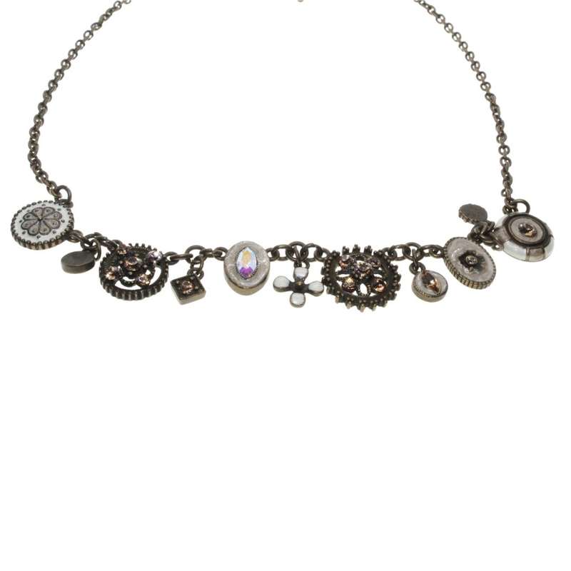 Necklace - Copper Tone Vintage Dangly Necklace. Shaped Charms with Rhinestones - ML3385