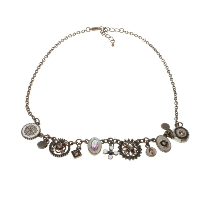 Necklace - Copper Tone Vintage Dangly Necklace. Shaped Charms with Rhinestones - ML3385