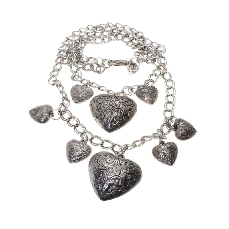 Necklace - Silver Tone Heart Necklace. Double Strand Chain. 6 x Small Hearts, 2 x Large Hearts - ...