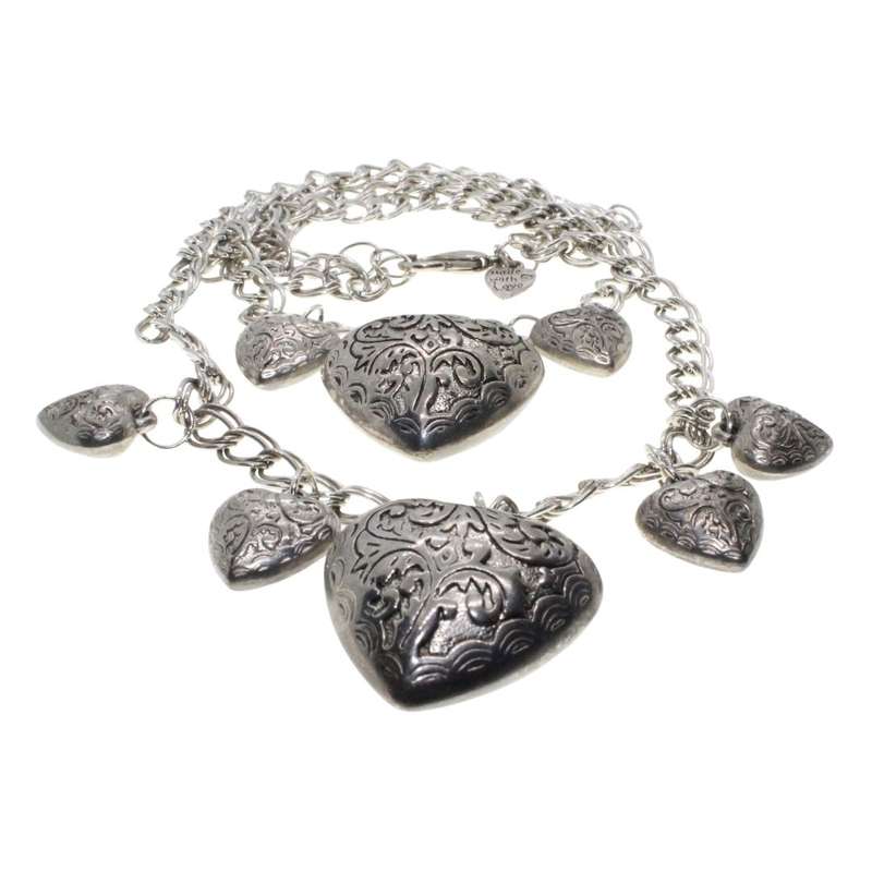 Necklace - Silver Tone Heart Necklace. Double Strand Chain. 6 x Small Hearts, 2 x Large Hearts - ...