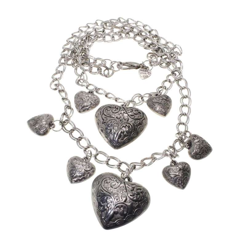 Necklace - Silver Tone Heart Necklace. Double Strand Chain. 6 x Small Hearts, 2 x Large Hearts - ...