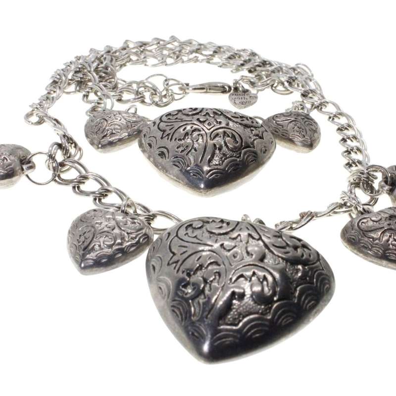 Necklace - Silver Tone Heart Necklace. Double Strand Chain. 6 x Small Hearts, 2 x Large Hearts - ...