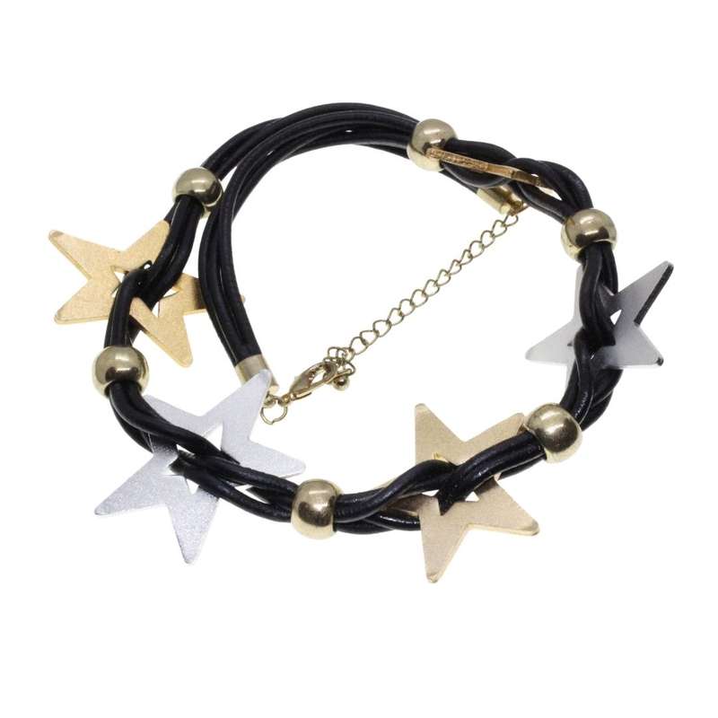 Necklace - Gold Tone & Silver Tone Statement Stars on Pleather Straps - ML3389