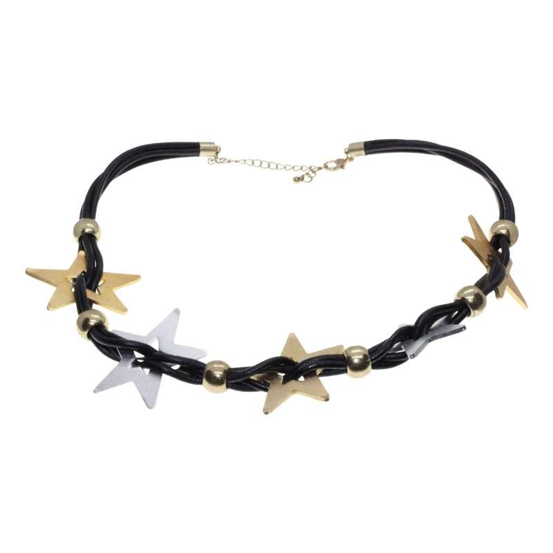 Necklace - Gold Tone & Silver Tone Statement Stars on Pleather Straps - ML3389