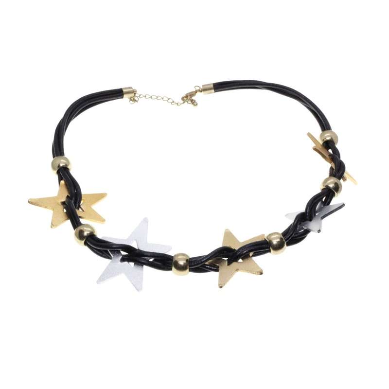 Necklace - Gold Tone & Silver Tone Statement Stars on Pleather Straps - ML3389