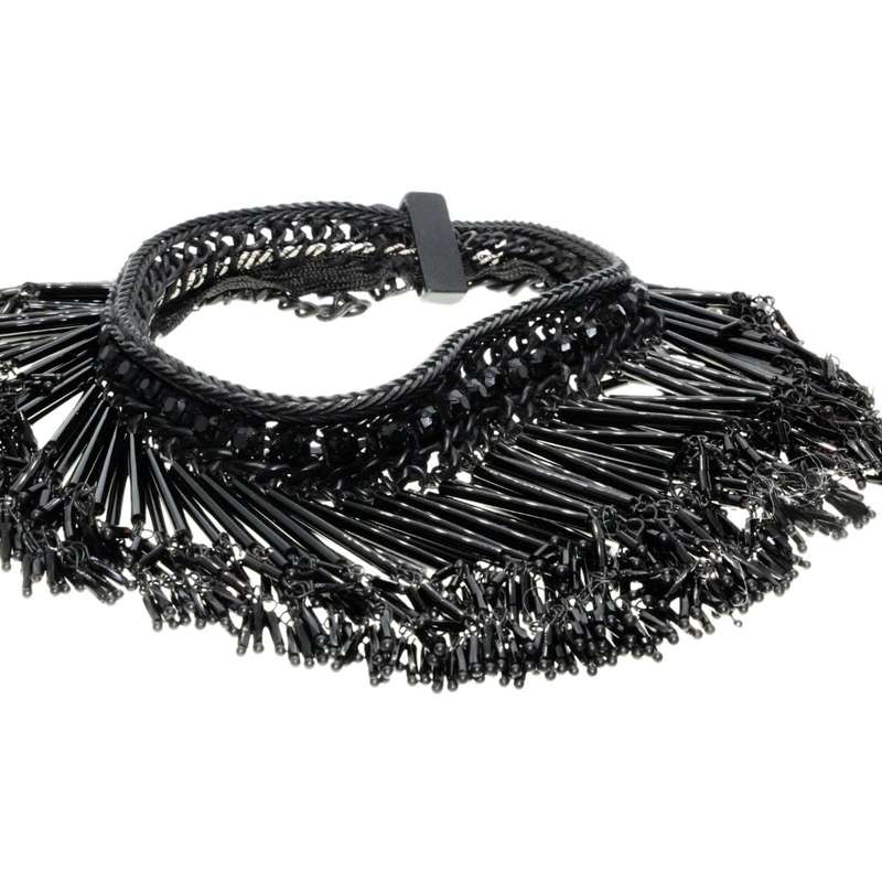 Necklace - Charcoal Tone Chunky Chained Strap. Multiple Beaded Strands with Beads - ML3390