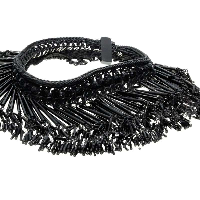 Necklace - Charcoal Tone Chunky Chained Strap. Multiple Beaded Strands with Beads - ML3390