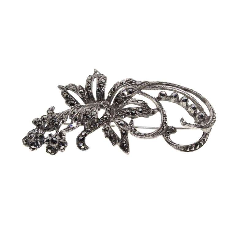 Brooch - Silver Tone Vintage Floral Large Style Marcasite Brooch - ML3396