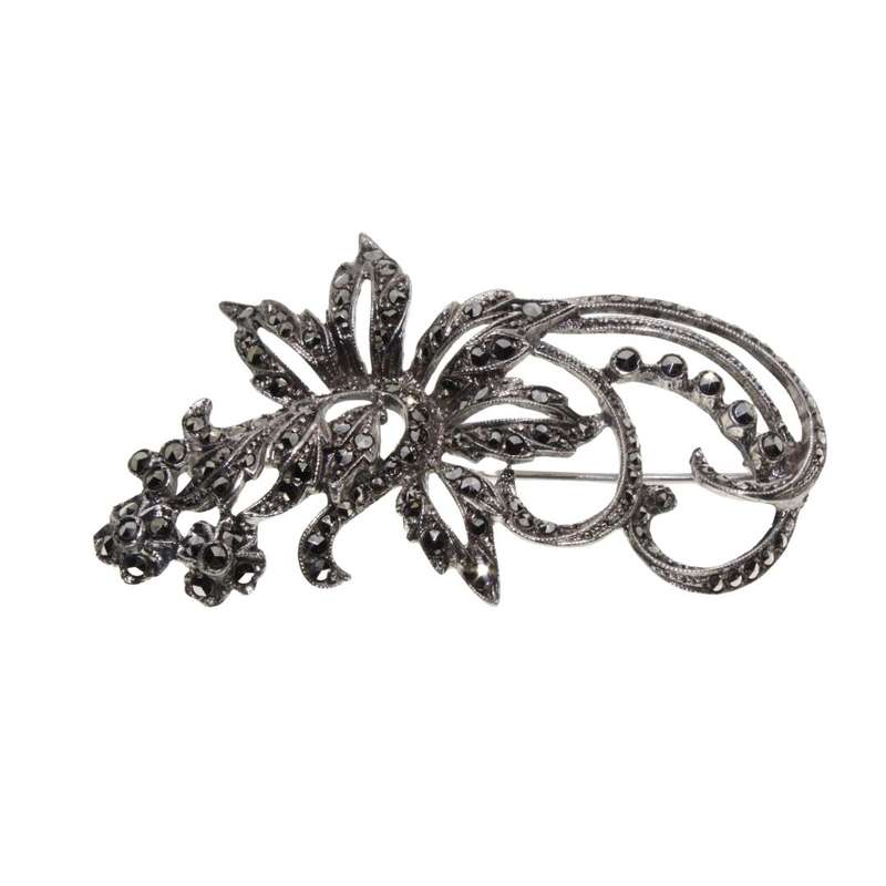 Brooch - Silver Tone Vintage Floral Large Style Marcasite Brooch - ML3396