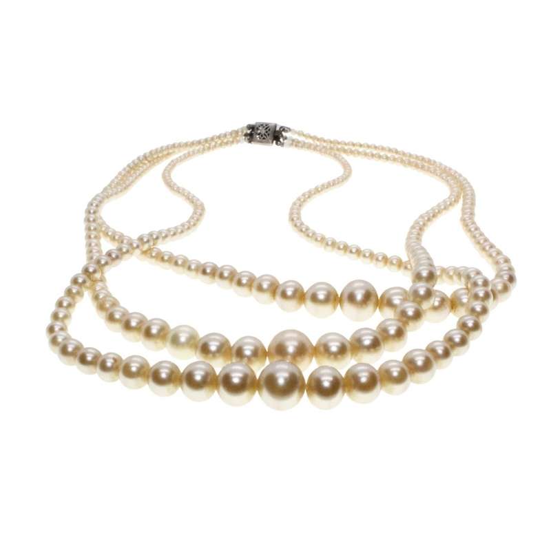 Necklace - Silver Tone Clasp 3 Strand Faux Pearl Graduated Necklace - ML3397