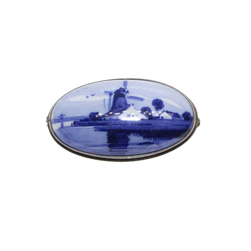 Brooch - Silver Tone Oval Delft signed Porcelain Brooch. Windmill Design - ML3398