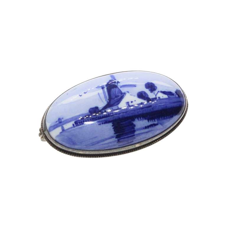Brooch - Silver Tone Oval Delft signed Porcelain Brooch. Windmill Design - ML3398
