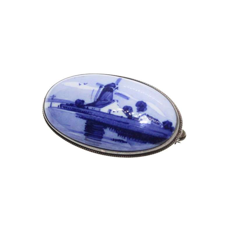 Brooch - Silver Tone Oval Delft signed Porcelain Brooch. Windmill Design - ML3398