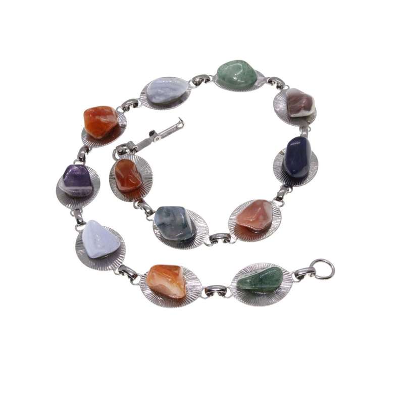 Necklace - Vintage 70's Silver Tone Necklace with Beautiful Multi-Coloured Stones - ML3402