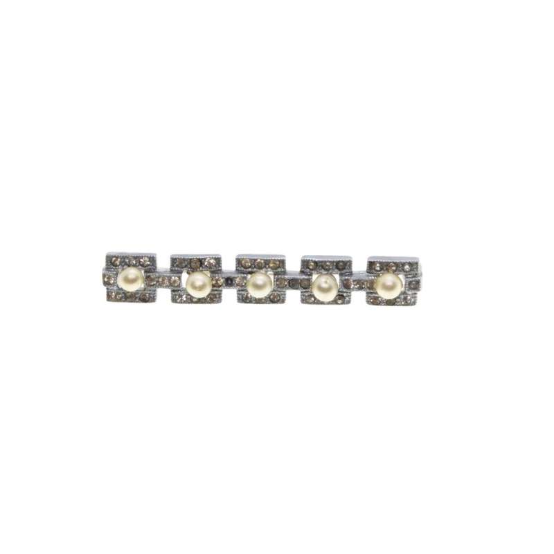 Brooch - Silver Tone Vintage Rectangular Brooch. 5 Cubes with Diamantes & Faux Pearls - ML3405
