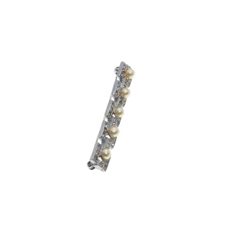 Brooch - Silver Tone Vintage Rectangular Brooch. 5 Cubes with Diamantes & Faux Pearls - ML3405