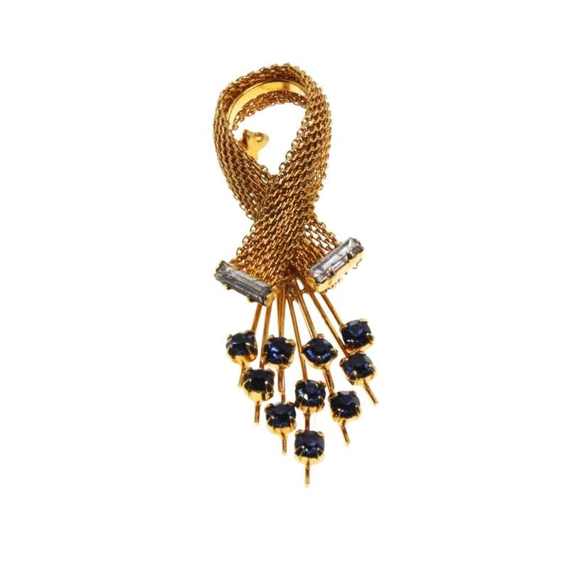 Brooch - Gold Tone Vintage Piquet Style of Flowers. Blue and White Rhinestones - ML3406