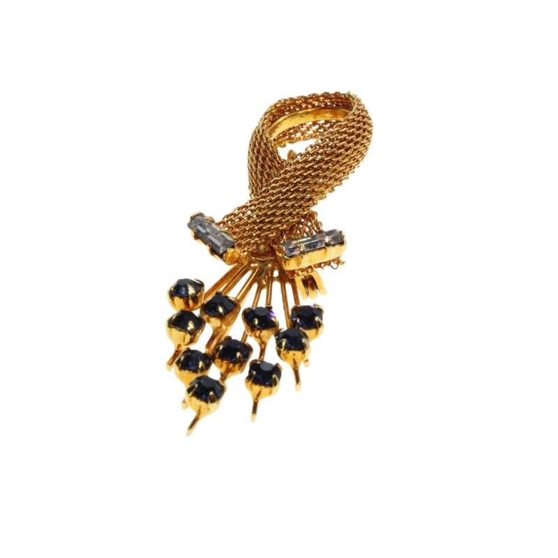 Brooch - Gold Tone Vintage Piquet Style of Flowers. Blue and White Rhinestones - ML3406