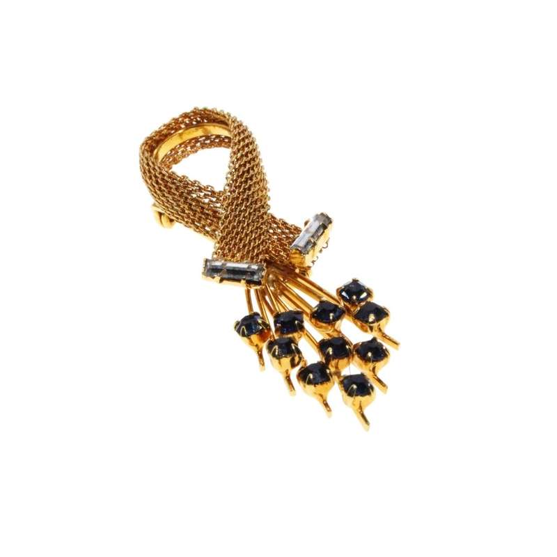 Brooch - Gold Tone Vintage Piquet Style of Flowers. Blue and White Rhinestones - ML3406