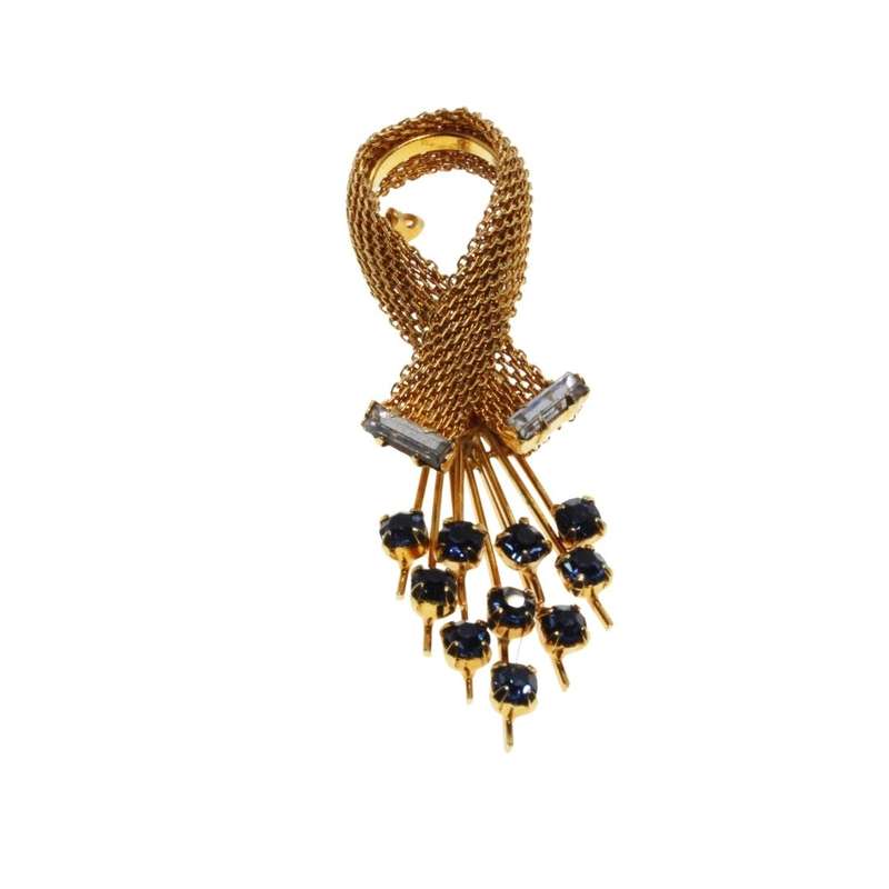Brooch - Gold Tone Vintage Piquet Style of Flowers. Blue and White Rhinestones - ML3406