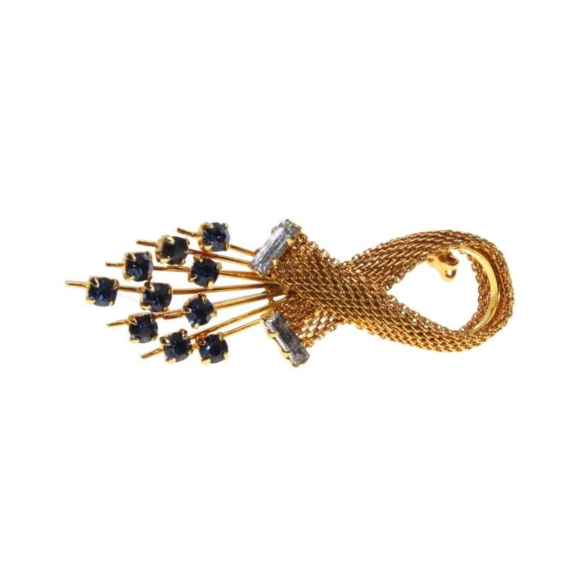 Brooch - Gold Tone Vintage Piquet Style of Flowers. Blue and White Rhinestones - ML3406