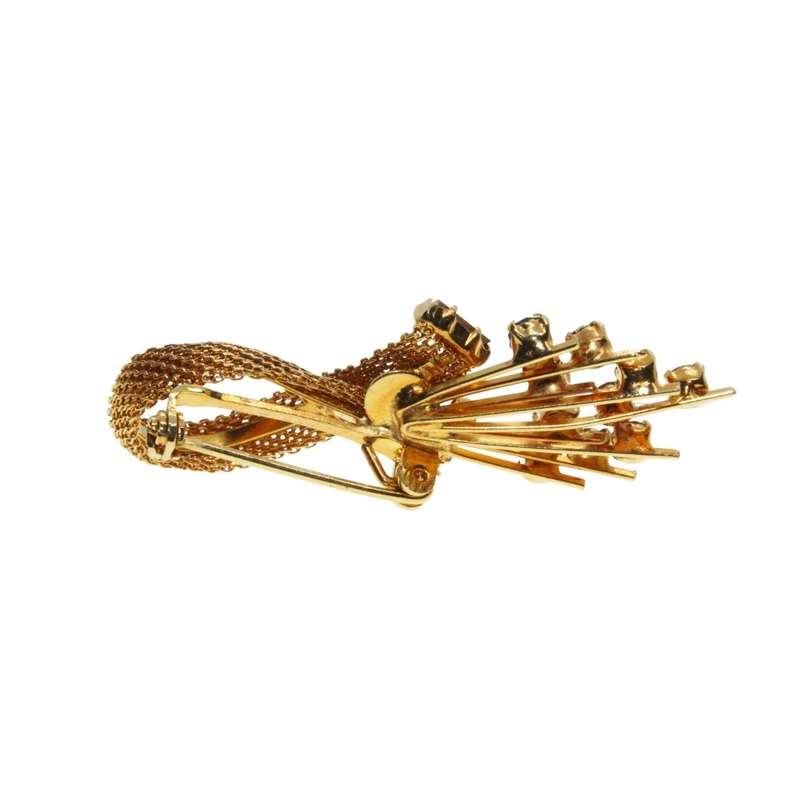 Brooch - Gold Tone Vintage Piquet Style of Flowers. Blue and White Rhinestones - ML3406