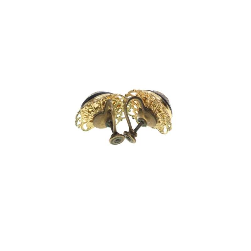 Earrings - Gold Tone Vintage Round Black and Gold Screw on Earrings. Filigree. - ML3407