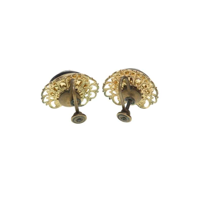 Earrings - Gold Tone Vintage Round Black and Gold Screw on Earrings. Filigree. - ML3407