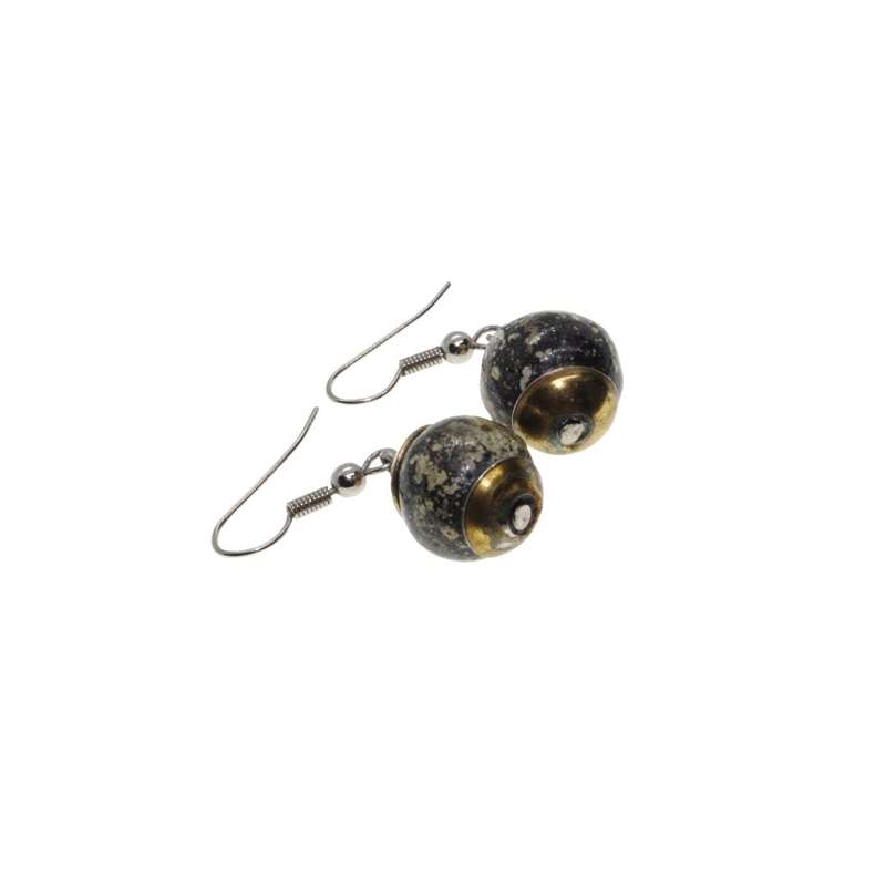Earrings - Gold Tone Mottled Black and Cream Ball. Silver Tone Hook for Pierced Ears - ML3409