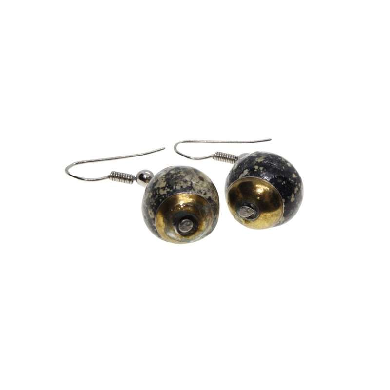 Earrings - Gold Tone Mottled Black and Cream Ball. Silver Tone Hook for Pierced Ears - ML3409