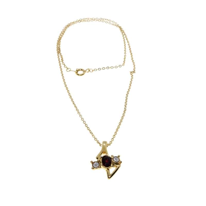 Pendant - Gold Tone Chain. Pendant Centre Red Stone with two Clear Rhinestones - ML3410