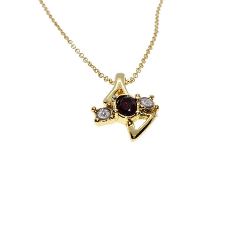Pendant - Gold Tone Chain. Pendant Centre Red Stone with two Clear Rhinestones - ML3410