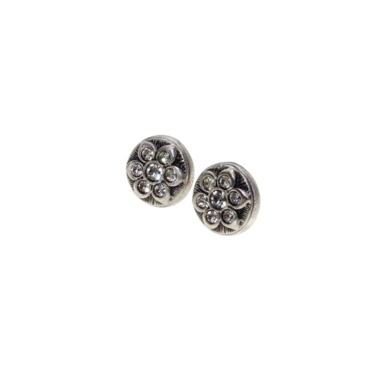 Earrings - Silver Tone Small Round Earrings. Flower set in small Diamantes. Pierced Ears - ML3411