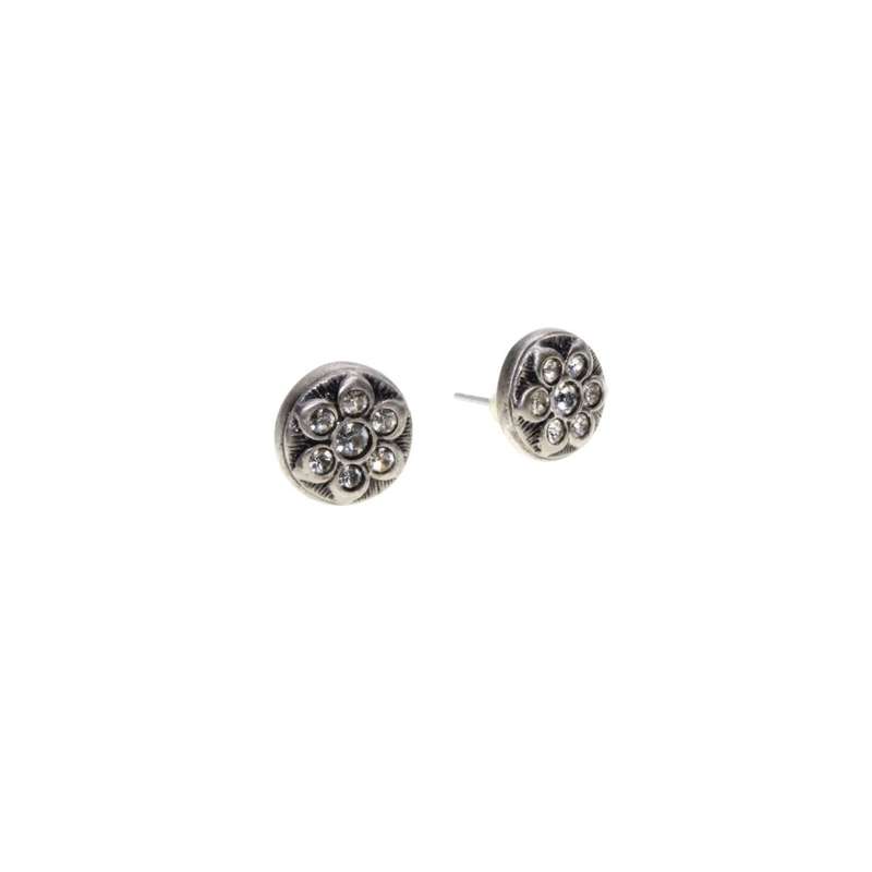 Earrings - Silver Tone Small Round Earrings. Flower set in small Diamantes. Pierced Ears - ML3411