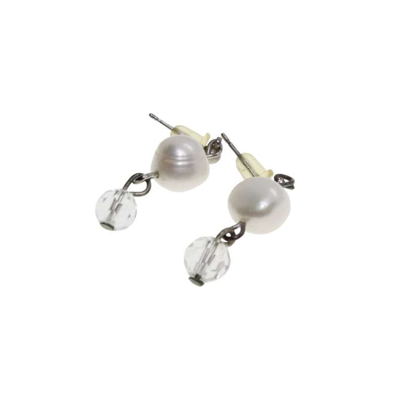 Earrings - Silver Tone Freshwater Pearl and Crystal Bead Earrings. Pierced Ears. - ML3414