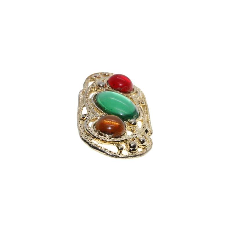 Brooch - Gold Tone Vintage Brooch. 3 Large Multi-Coloured Rhinestones - ML3415