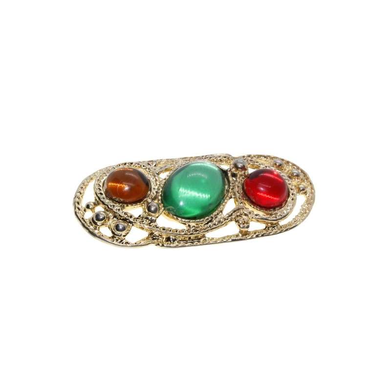 Brooch - Gold Tone Vintage Brooch. 3 Large Multi-Coloured Rhinestones - ML3415