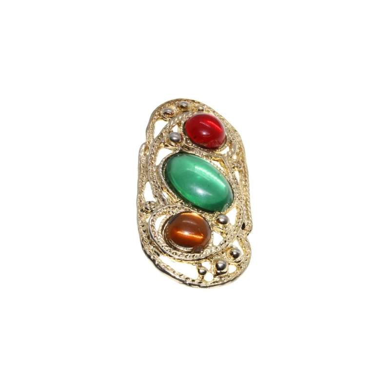 Brooch - Gold Tone Vintage Brooch. 3 Large Multi-Coloured Rhinestones - ML3415
