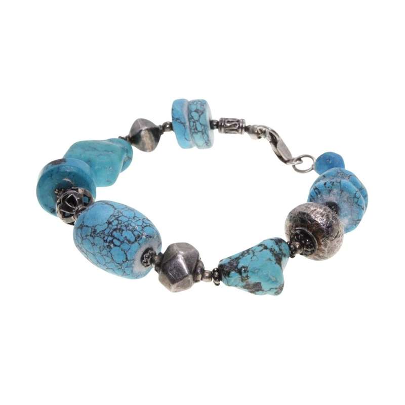 Bracelet - Vintage Silver Tone Bracelet with Artisan Blue Turquoise Nuggets - ML3417