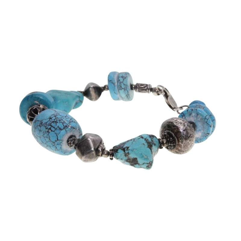 Bracelet - Vintage Silver Tone Bracelet with Artisan Blue Turquoise Nuggets - ML3417