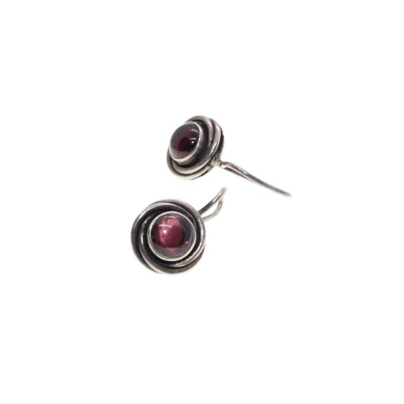 Earrings - Silver Tone Twirl Round Setting with Faux Garnet Hanging Earrings. Pierced Ears - ML3418