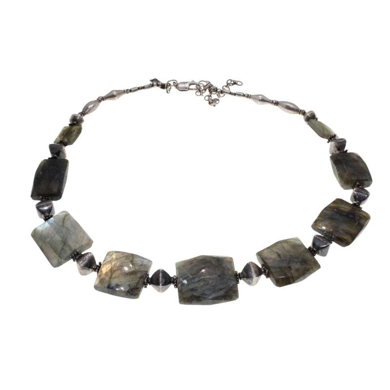 Necklace - Silver Tone Necklace with Labradorite Gemstones - ML3420