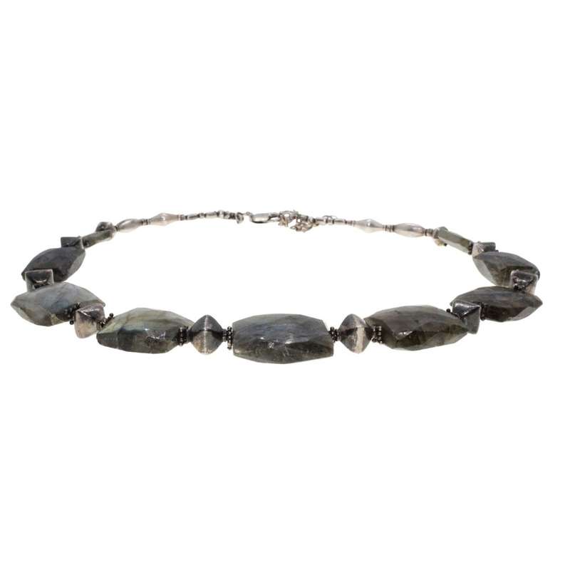Necklace - Silver Tone Necklace with Labradorite Gemstones - ML3420