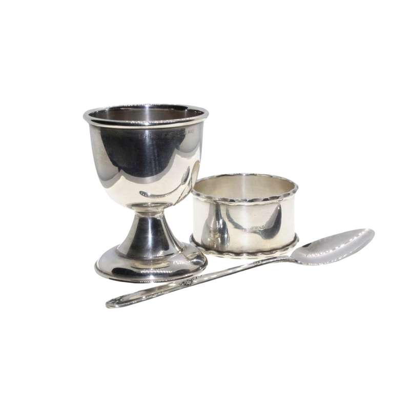 Christening Set - Vintage Silv Plated. Egg Cup Spoon & Serviette Ring. England. Orig Box - ML3424