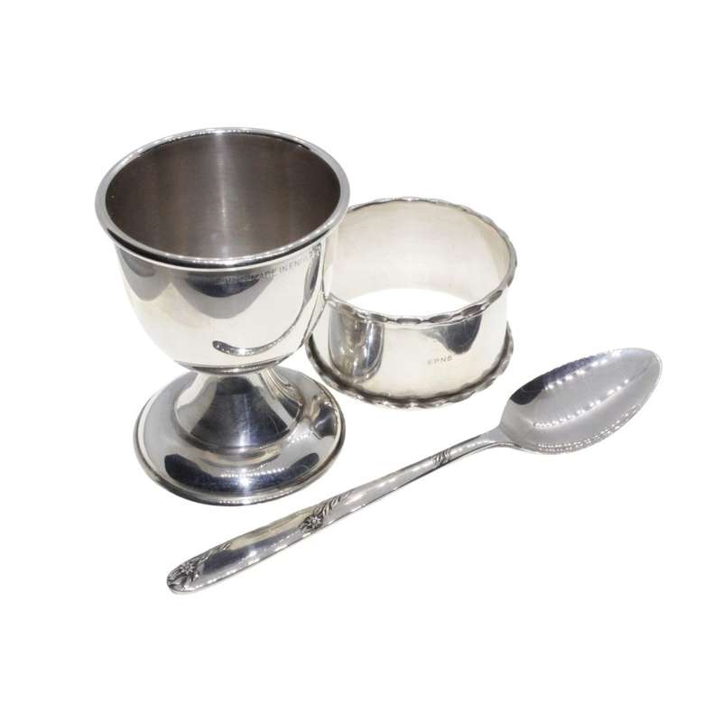 Christening Set - Vintage Silv Plated. Egg Cup Spoon & Serviette Ring. England. Orig Box - ML3424