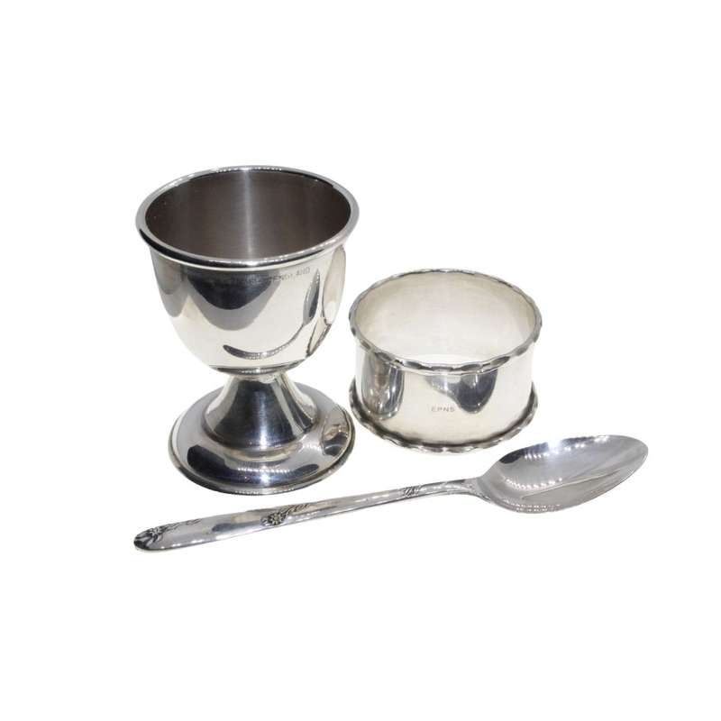 Christening Set - Vintage Silv Plated. Egg Cup Spoon & Serviette Ring. England. Orig Box - ML3424